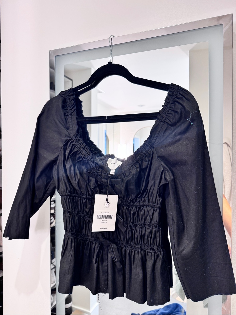 Reformation Black Smocked Peasant Blouse